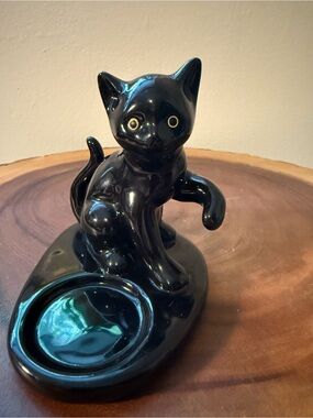 PartyLite Black Ceramic Cat Votive Candle Dish with Gold Eyes